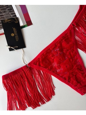 Intive Lingerie Kadın Çiçekli %95 Pamuklu Yanları Püsküllü Kırmızı Tanga