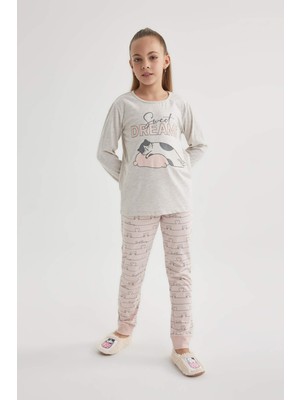 DeFacto Kız Çocuk Baskılı Penye Pijama Takımı C0974A823WN