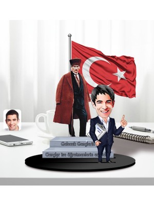 Bk Gift Kişiye Özel Atatürk ve Erkek Öğretmen Temalı 2 Katmanlı Karikatürlü Ahşap Biblo- 5-3, Öğretmene Hediye, Öğretmenler Günü, 100. Yıl Hediyesi