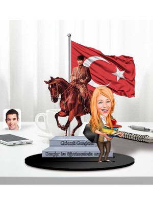 Bk Gift Kişiye Özel Atatürk ve Kadın Öğretmen Temalı 2 Katmanlı Karikatürlü Ahşap Biblo- 5, Öğretmene Hediye, Öğretmenler Günü, 100. Yıl Hediyesi