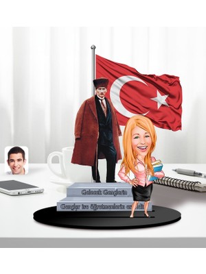 Bk Gift Kişiye Özel Atatürk ve Kadın Öğretmen Temalı 2 Katmanlı Karikatürlü Ahşap Biblo- 4-3, Öğretmene Hediye, Öğretmenler Günü, 100. Yıl Hediyesi