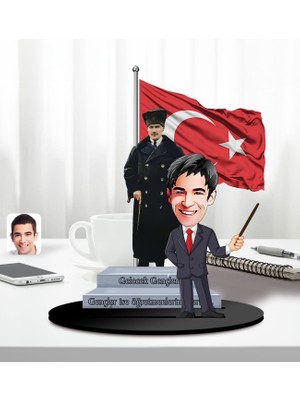 Bk Gift Kişiye Özel Atatürk ve Erkek Öğretmen Temalı 2 Katmanlı Karikatürlü Ahşap Biblo- 4-2, Öğretmene Hediye, Öğretmenler Günü, 100. Yıl Hediyesi