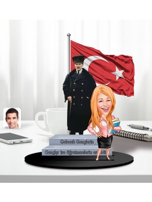 Bk Gift Kişiye Özel Atatürk ve Kadın Öğretmen Temalı 2 Katmanlı Karikatürlü Ahşap Biblo- 4-2, Öğretmene Hediye, Öğretmenler Günü, 100. Yıl Hediyesi