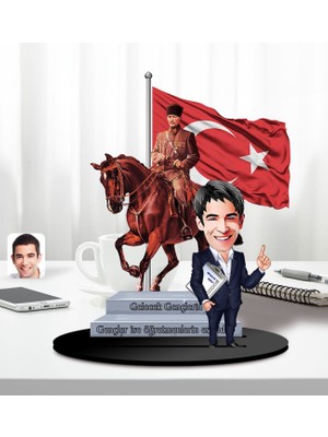 Bk Gift Kişiye Özel Atatürk ve Erkek Öğretmen Temalı 2 Katmanlı Karikatürlü Ahşap Biblo- 5, Öğretmene Hediye, Öğretmenler Günü, 100. Yıl Hediyesi