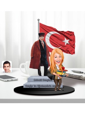 Bk Gift Kişiye Özel Atatürk ve Kadın Öğretmen Temalı 2 Katmanlı Karikatürlü Ahşap Biblo- 5-3, Öğretmene Hediye, Öğretmenler Günü, 100. Yıl Hediyesi