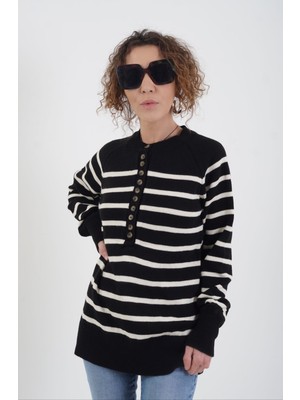 Zelish My Sister Siyah Çizgili Düğmeli Kazak