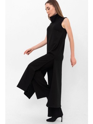 Laranor Dik Balıkçı Yaka Yırtmaçlı Triko Uzun Süveter 38 Siyah