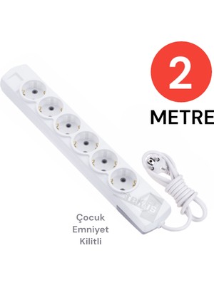 Tek-İş Grup Priz Topraklı 6'lı 2 Metre Çocuk Korumalı Çoklu Priz Seyyar Ara Kablo Uzatma Kablosu
