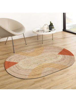 Soho Oval Turuncu Krem Geometrik Desenli Natural Modern Baskılı Jüt Örme Halı Hasır Kilim 80X80 cm 80 x 150 cm