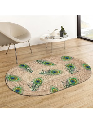 Soho Oval Tavus Kuşu Tüyü Desenli Natural Modern Baskılı Jüt Örme Halı Hasır Kilim 80 x 150 cm