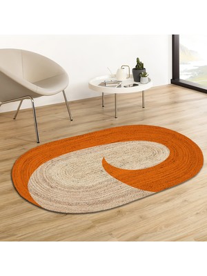 Soho Oval Turuncu Spiral Desenli Natural Modern Baskılı Jüt Örme Halı Hasır Kilim 80X80 cm 120 x 180 cm