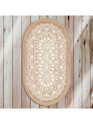 Soho Oval Beyaz Çiçek Mandala Desenli Natural Modern Baskılı Jüt Örme Halı Hasır Kilim 80 x 150 cm