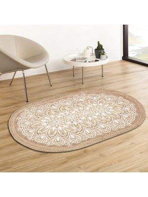 Soho Oval Beyaz Çiçek Mandala Desenli Natural Modern Baskılı Jüt Örme Halı Hasır Kilim 80 x 150 cm