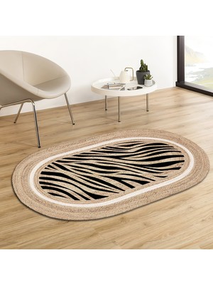 Soho Oval Zebra Desenli Natural Modern Baskılı Jüt Örme Halı Hasır Kilim 80 x 150 cm