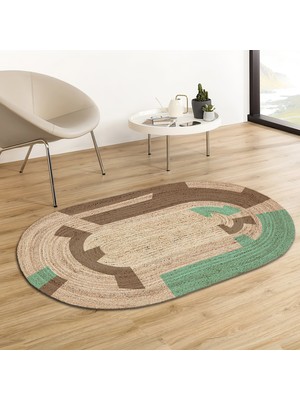 Soho Oval Geometrik Çark Desenli Natural Modern Baskılı Jüt Örme Halı Hasır Kilim 80X80 cm 80 x 150 cm