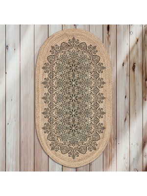 Soho Oval Siyah Damlacık Mandala Desenli Natural Modern Baskılı Jüt Örme Halı Hasır Kilim 80 x 150 cm