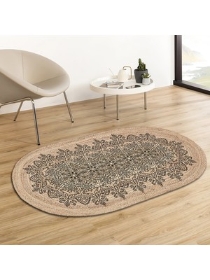 Soho Oval Siyah Damlacık Mandala Desenli Natural Modern Baskılı Jüt Örme Halı Hasır Kilim 80 x 150 cm