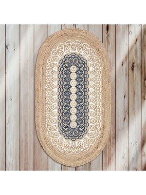 Soho Oval Mavi Beyaz Mandala Desenli Natural Modern Baskılı Jüt Örme Halı Hasır Kilim 80 x 150 cm