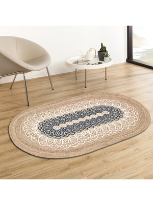 Soho Oval Mavi Beyaz Mandala Desenli Natural Modern Baskılı Jüt Örme Halı Hasır Kilim 80 x 150 cm