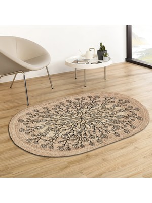 Soho Oval Siyah Geometrik Çiçekler Desenli Natural Modern Baskılı Jüt Örme Halı Hasır Kilim 80X80 cm 120 x 180 cm