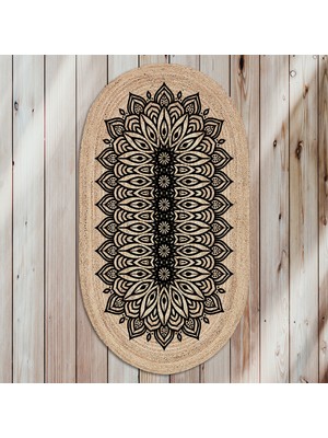 Soho Oval Geometrik Yapraklar Mandala Desenli Natural Modern Baskılı Jüt Örme Halı Hasır Kilim  80 x 150 cm