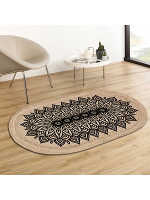 Soho Oval Geometrik Yapraklar Mandala Desenli Natural Modern Baskılı Jüt Örme Halı Hasır Kilim  80 x 150 cm