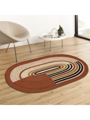 Soho Oval Dairesel Şerit Desenli Natural Modern Baskılı Jüt Örme Halı Hasır Kilim  80 x 150 cm