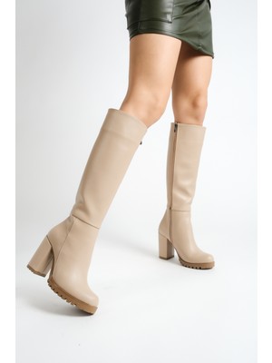 Mubiano MBZFR5013D-N Kadın Nude Kalın Topuklu Fermuarlı Uzun Çizme