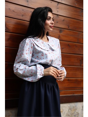 Küçüğüm Butik Vintage Mavi-Bordo Çiçekli Bebe Yaka Dantelli Poplin Bluz