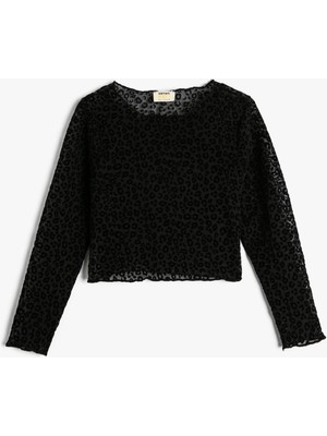 Koton Crop Tişört Uzun Kollu Leopar Desenli Bisiklet Yaka