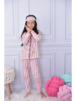 Lolliboom Kids Lolli Boom Kids Yeni Sezon Kız Çocuk Çizgili Sevimli Teddy Bear Çizgili Düğmeli Pijama Takımı Göz Bandı Dahil