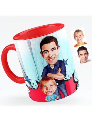 Kişiye Özel Baba Oğul Karikatürlü Kırmızı Kupa Bardak - 2