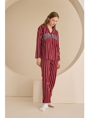 Nbb Bordo New York V Yaka Önden Düğmeli Pijama Takımı