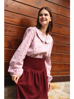 Küçüğüm Butik Vintage Pembe-Bordo Çiçekli Bebe Yaka Dantelli Poplin Bluz