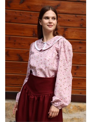 Küçüğüm Butik Vintage Pembe-Bordo Çiçekli Bebe Yaka Dantelli Poplin Bluz