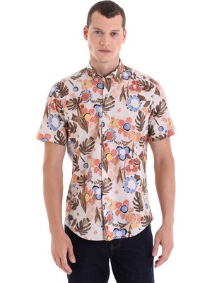 Hatemoğlu Kahverengi Comfort Fit Baskılı  Pamuklu Kısa Kollu Casual  Gömlek