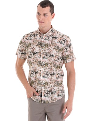 Hatemoğlu Haki Comfort Fit Baskılı  Pamuklu Kısa Kollu Casual  Gömlek