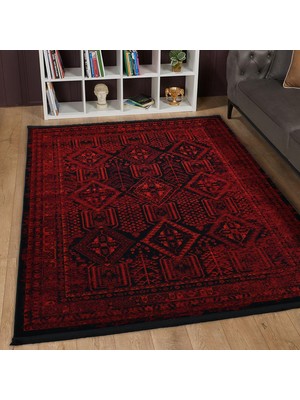 Giza Home Afgan Türkmen Otantik Desenli Bordo Oturma Odası Salon Mutfak Halısı 5364A_ZS47