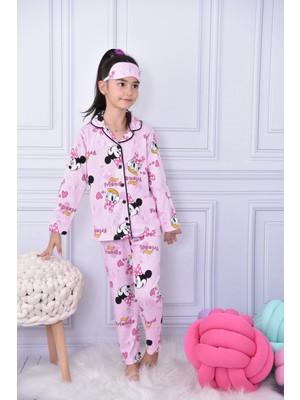 Lolli Boom Kids Yeni Sezon Kız Çocuk Düğmeli Pijama Takımı Mickey & Daisy Friends Baskılı Göz Bandı Dahil