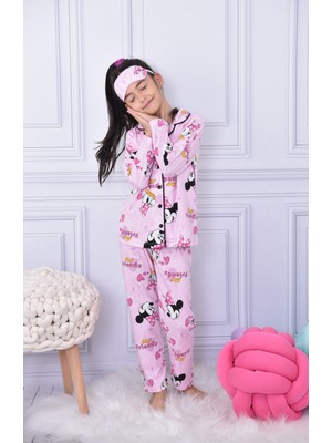 Lolli Boom Kids Yeni Sezon Kız Çocuk Düğmeli Pijama Takımı Mickey & Daisy Friends Baskılı Göz Bandı Dahil