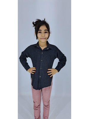 Canix Kids Mavi Siyah Kız Çocuk Gömlek Jeans Uzun Kol