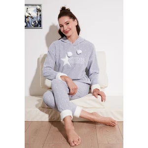 Desenli Regular Fit Kapüşonlu Polar Pijama Takımı Bayan Pijama Takımı 6571004