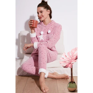 Desenli Regular Fit Kapüşonlu Polar Pijama Takımı Bayan Pijama Takımı 6571004