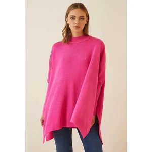 Kadın Canlı Pembe Oversize Yırtmaçlı Panço Triko Kazak HZL23W-BD1100761