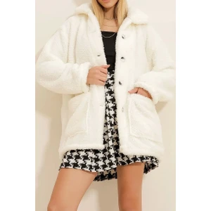 Çift Cepli Önü Düğmeli Oversize Peluş Ekru
