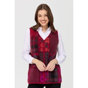 Desen Triko Kadın V Yaka Patchwork Yelek Kırmızı