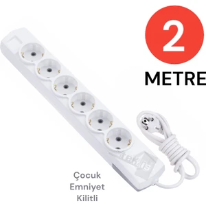 Grup Priz Topraklı 6'lı 2 Metre Çocuk Korumalı Çoklu Priz Seyyar Ara Kablo Uzatma Kablosu