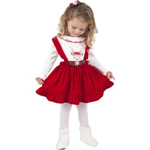 Kız Çocuk  %100 Pamuk Badilli Kış ve Yeni yıl Yılbaşı Temalı Saç ve Kemer Tokalı Kırmızı Salopet Elbise (2-3-4-5 Yaş)