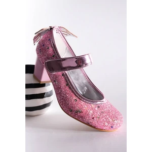 Topuklu Arkası Kelebekli Pembe Taşlı Ayakkabı