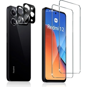 M.TK Moveteck Xiaomi Redmi 12 Için Kamera Koruma Lens Koruyucu Siyah Cam + 9h Temperli Ekran Camı 2in1 Set